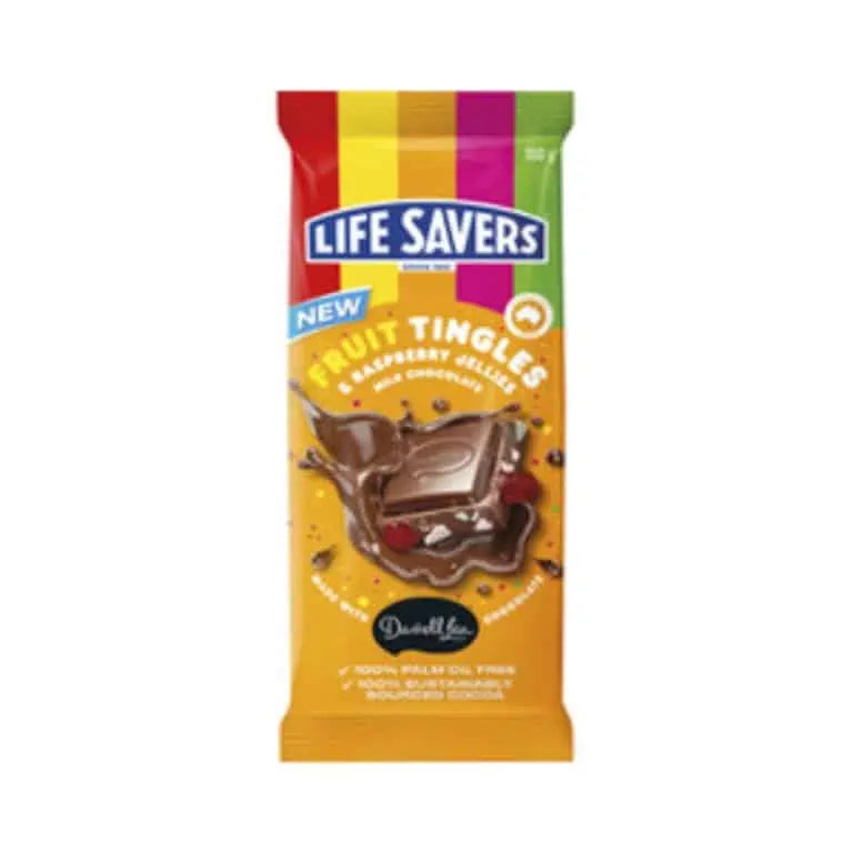 Darrell Lea Lifesavers Fruit Tingles & Raspberry Jellies Milk Chocolate Block (160g)