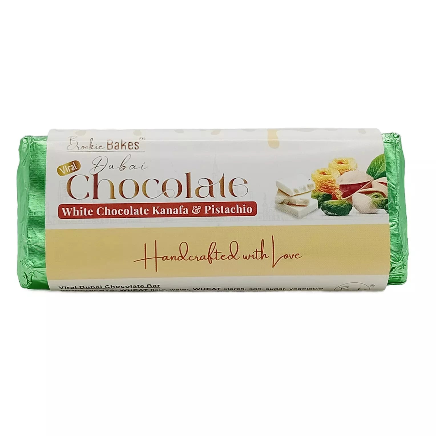 Viral Dubai Chocolate Bar - White Chocolate Pistachio Kunafa 75g Brookie Bakes