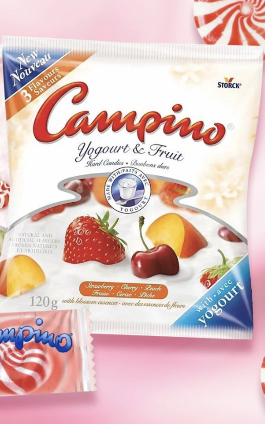 Campino mixed bag -Strawberry, Cherry and Peach variety Hard Candy 120g Peg Bag