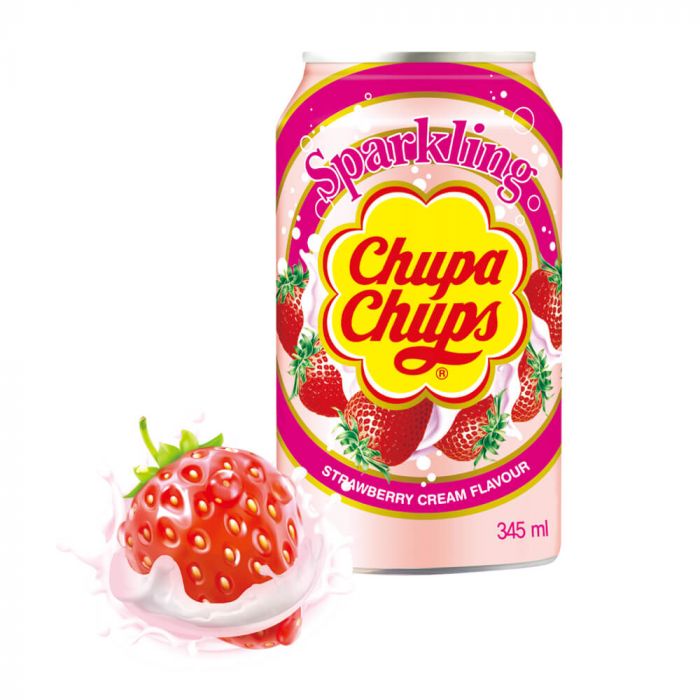 Chupa Chups Sparkling Strawberry Cream Flavour Soft Drink Can 345ml