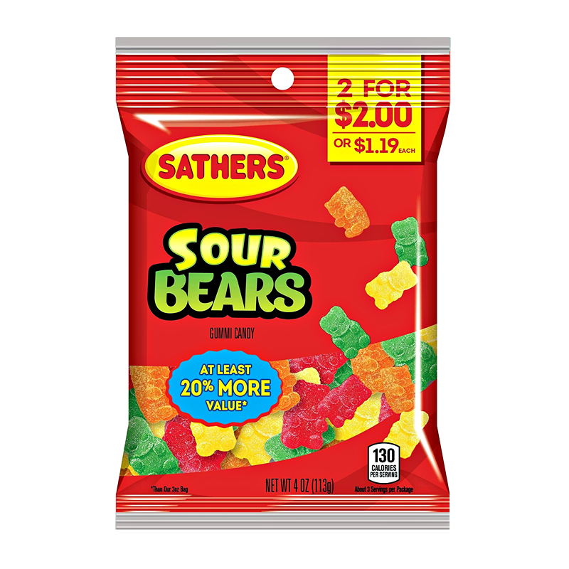 Sathers Sour Gummi Bears 3oz (85g) Peg Bag