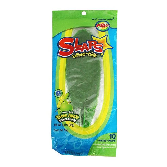 Dulces Pigui Slaps Green Apple Flavor Paletas Mexican Candy (10 Lollipops) - Best before 16th August 2023